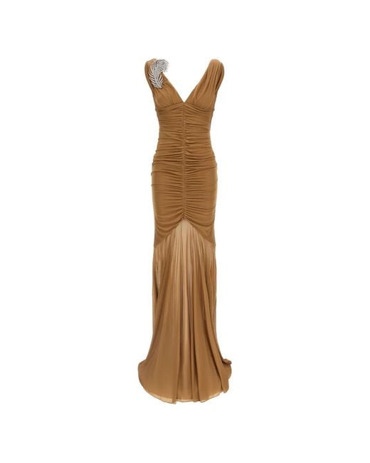 GIUSEPPE DI MORABITO Metallic V-Neck Rhinestone-Brooch Maxi Dress