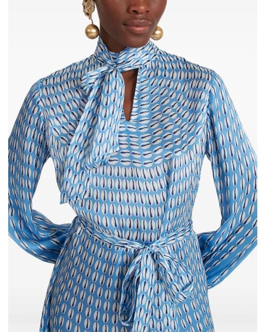 Temperley London Midi-Jurk Met Strikhals En Print in het Blue