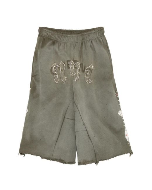 INNOCENCE NYC Green Stud-Embellished Raw-Edge Baggy Shorts for men