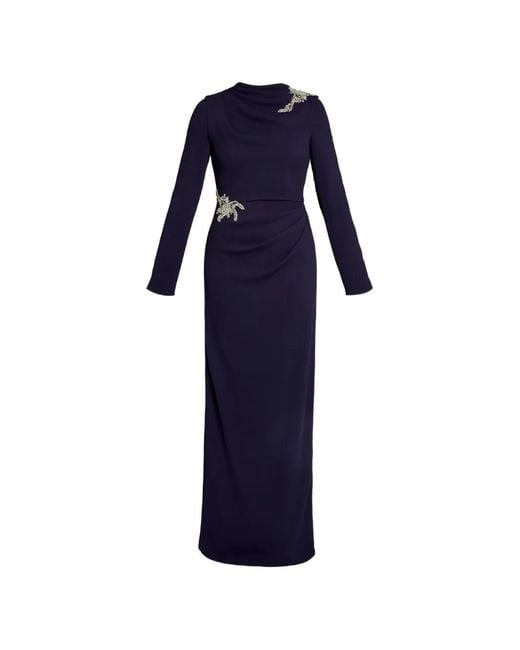 Erdem Blue Embellished Long-Sleeves Gown
