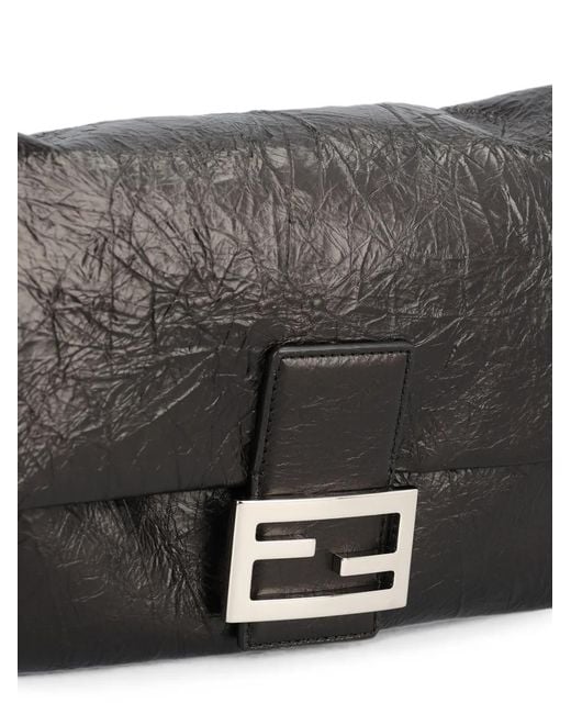 Fendi Black Baguette Soft Medium Crackled Leather Bag