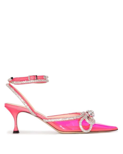 Mach & Mach Leather Double Bow Crystal-embellished Pumps in Pink | Lyst ...