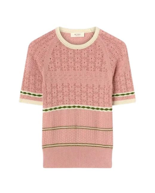 RETORI Pink Floral-Stitch Striped T-Shirt