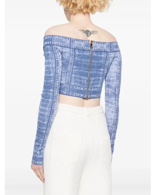 Haut Crop À Imprimé Trompe L'Œil Balmain en coloris Blue