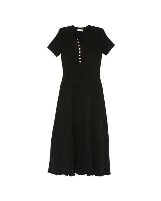 Sandro Black Robe Mi-Longue Boutonnée En Maille Côtelée
