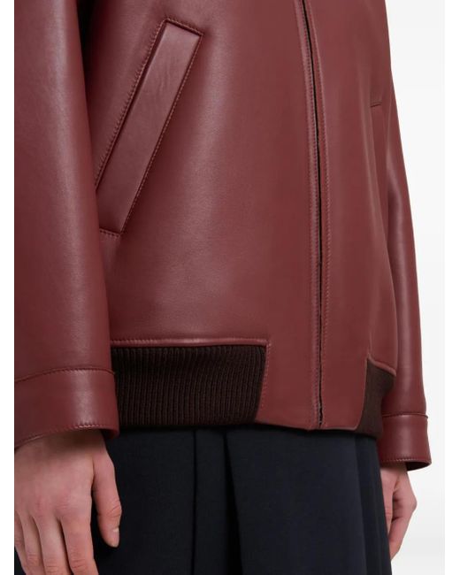 Marni Red Collar-Detail Leather Bomber Jacket