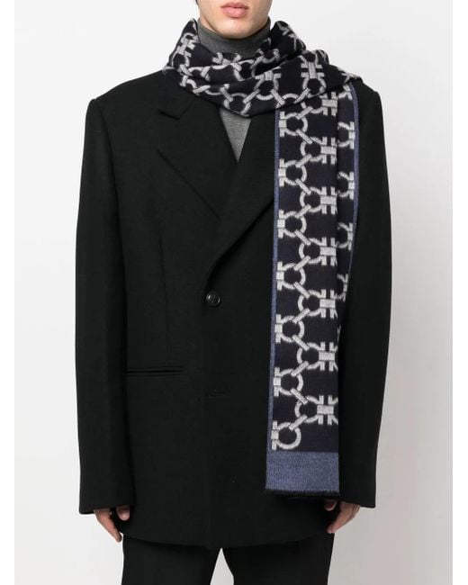 Ferragamo Blue Gancini-Pattern Jacquard Scarf for men