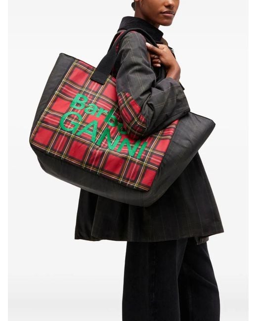 Ganni Red X Barbour Tartan Tote