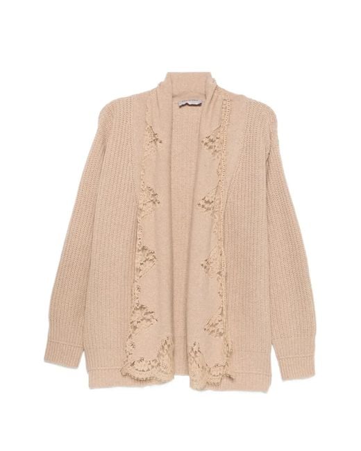 ERMANNO FIRENZE Natural Lace-Trim Ribbed-Knit Cardigan