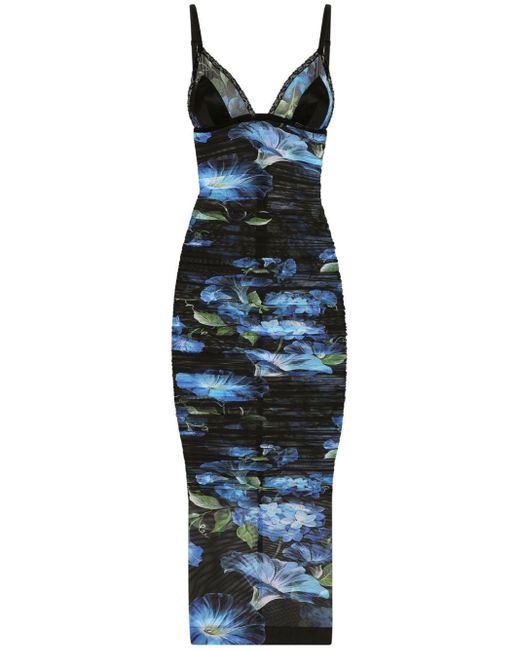 Dolce & Gabbana Blue Floral-Print V-Neck Dress