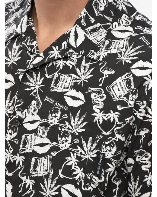 Palm Angels Black Graphic-Print Chest-Pocket Shirt for men