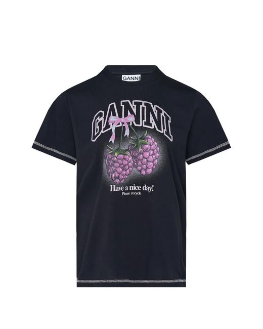 Ganni Blue Graphic-Print Contrast-Stitch T-Shirt