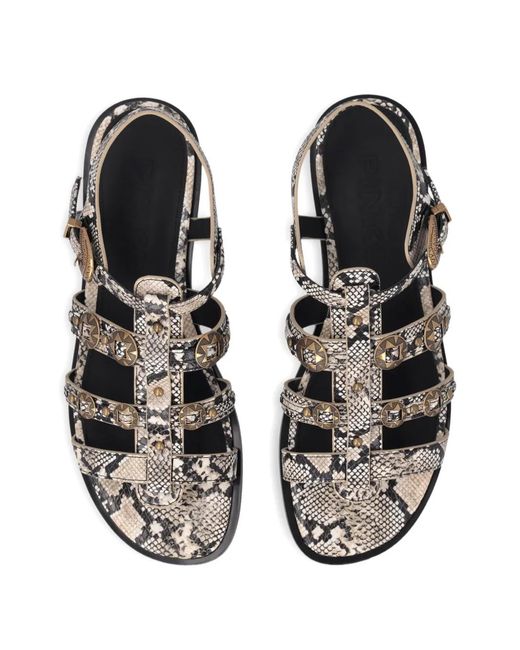 Pinko White Flat Leather Sandals With Python Print And Studs