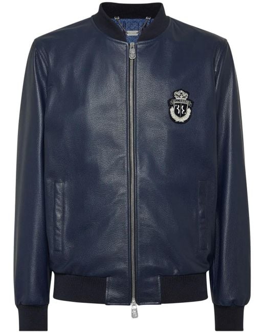 Billionaire Blue Leather Bomber Jacket for men