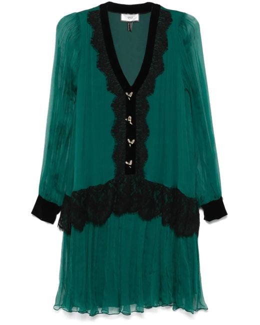 Nissa Green Lace-Insert Silk Mini Dress