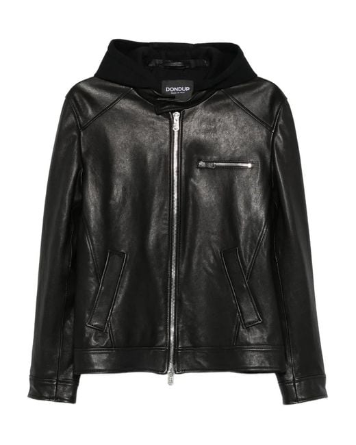Dondup Black Hooded Leather Jacket for men