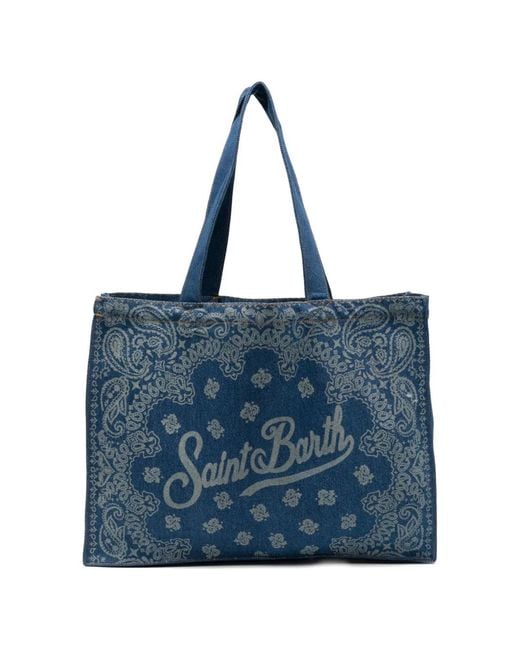 Mc2 Saint Barth Blue Paisley-Print Logo-Print Tote Bag