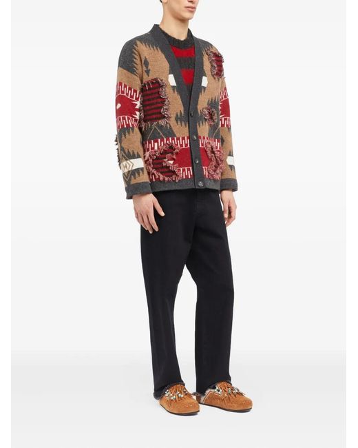 Alanui Red Patterned Fringed Cardigan for men