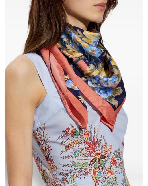 Etro Blue Floral-Print Silk Scarf