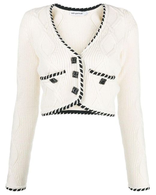 SelfPortrait Cotton Cable Knit Cropped Cardigan in White Lyst