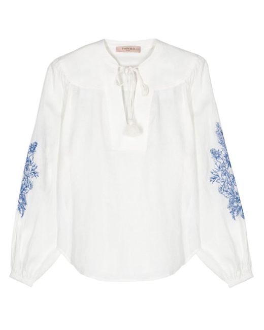 Twin Set White Floral-embroidery Chambray Blouse