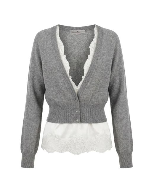 Ermanno Scervino Gray Lace-Trim Layered Cardigan