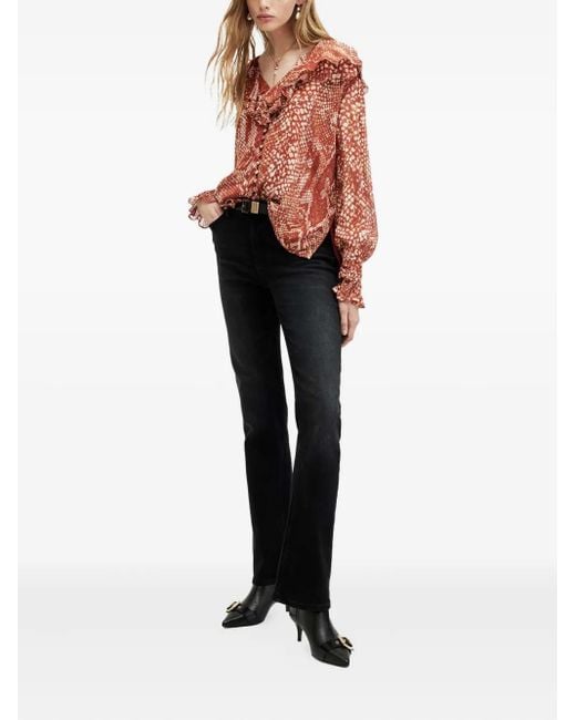 AllSaints Red Phoebe Ruffle-Detail Snake-Print Top