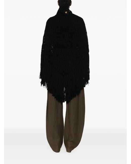 Chiara Is Black Scialle Peonia Crochet-Knit Fringed Poncho