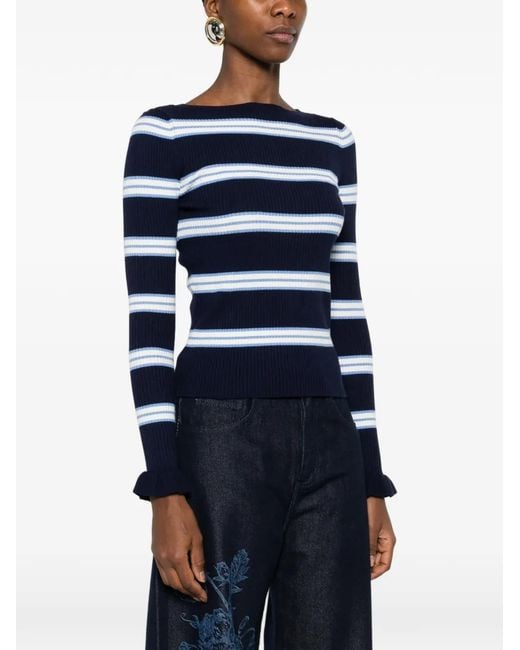 Twinset Blue Striped Jumper With Ruffles