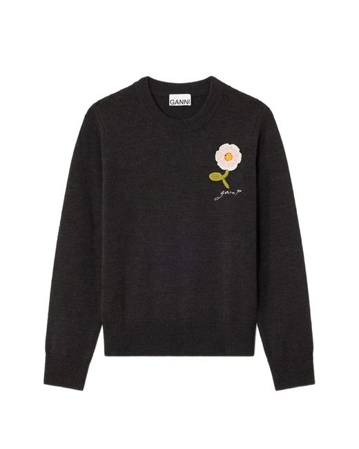 Ganni Black Jumper With Crochet Flower