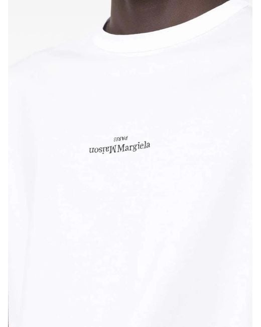 Maison Margiela White Logo-Embroidery Crew-Neck T-Shirt for men