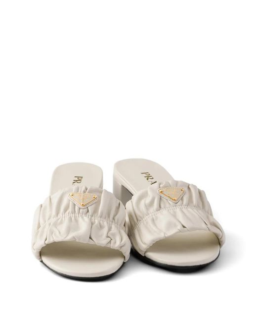 Prada White Matelassé Ruched Logo-Plaque Sandals