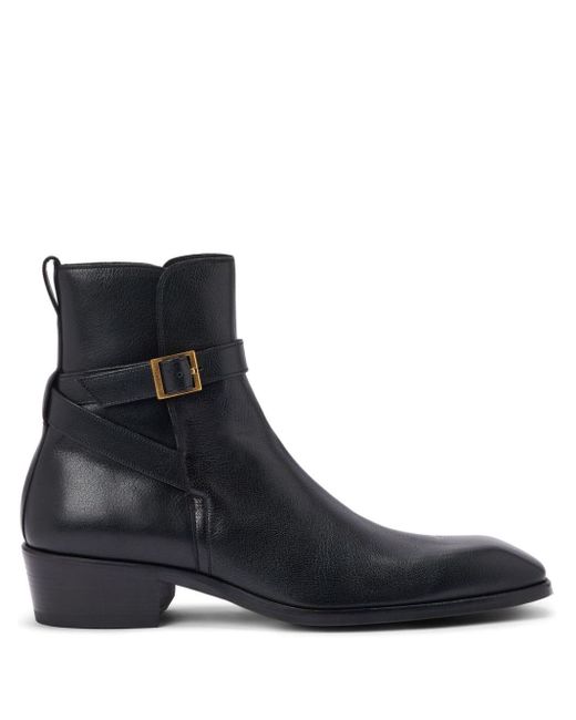 Tom Ford Black Leather Grained Buckle Ankle Boots for men