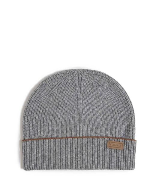 Canali Gray Ribbed-Knit Logo-Patch Beanie Hat for men