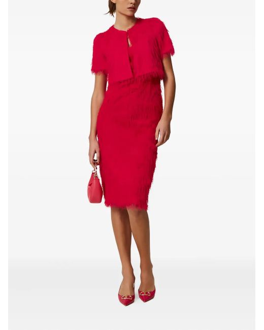 Twinset Red Feather-Effect Short-Sleeved Jacket