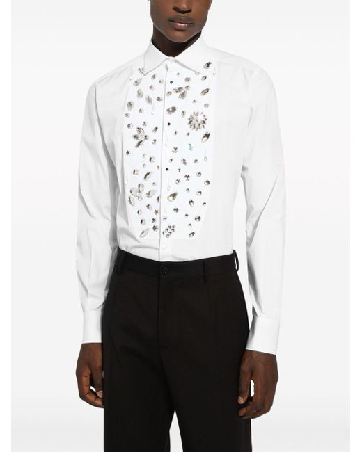 Dolce & Gabbana White Rhinestone-embellished Cotton Shirt for men