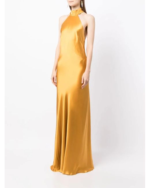 Michelle Mason Metallic Backless Halter-Neck Tie Gown