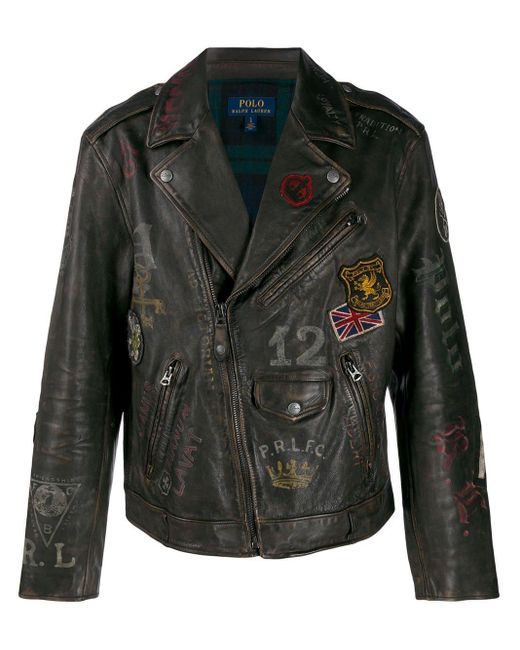 Polo Ralph Lauren Black Leather Graphic Biker Jacket for men