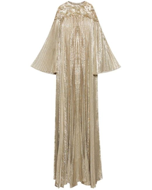 Oscar de la Renta Natural Kristallverziertes Kaftan-Kleid mit Falten