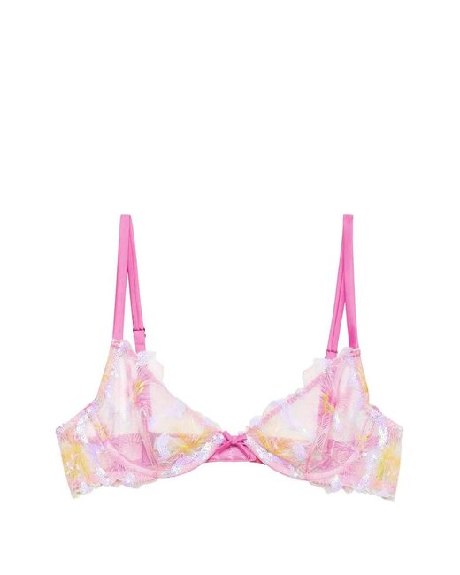 Fleur du Mal Pink Hibiscus Sequin-Embellished Bra