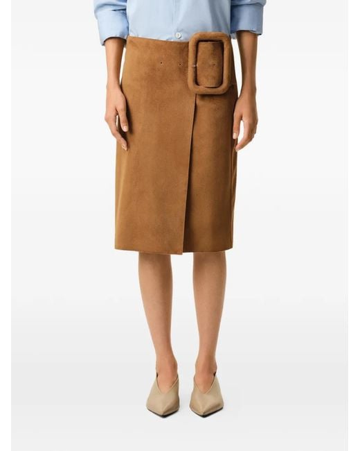 AMI Brown Goat Leather Big Buckle Belted Midi Skirt