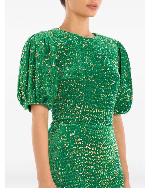 POST MERIDIEM Green Sequin-Embellished Puff-Sleeve Midi Dress