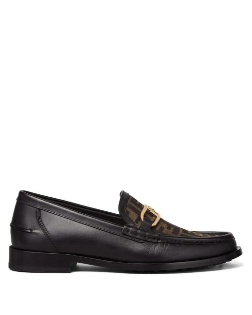 Fendi Black Ff-Logo Leather Loafers for men