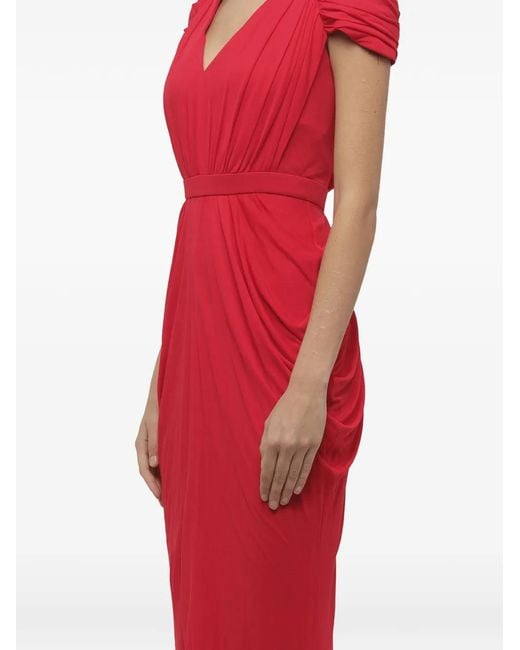 McQueen Red Ruched V-Neck Maxi Dress