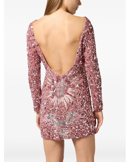 Philipp Plein Red Open Back Mini Dress Tattoo Paillettes
