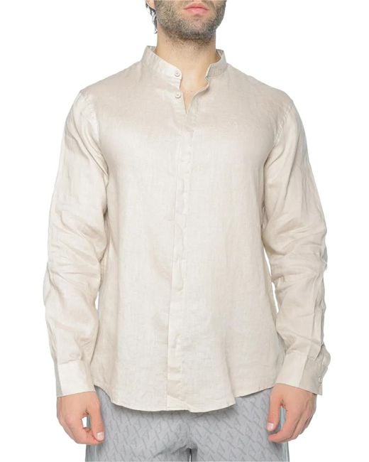 ARMANI EXCHANGE White Mandarin-Collar Long-Sleeved Shirt for men