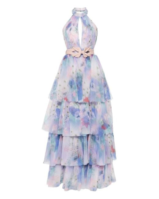 Saiid Kobeisy Blue Floral-Print Tulle Dress
