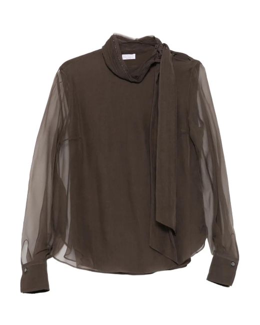 Brunello Cucinelli Verfraaide Blouse Met Gestrikte Hals in het Brown