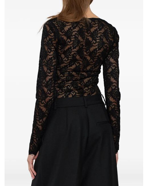 LoveShackFancy Black Jannie Lace Long-Sleeves Bodysuit
