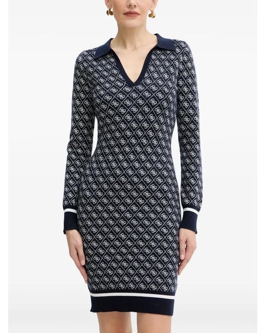 Guess Blue V-Neck Logo-Patterned Mini Dress
